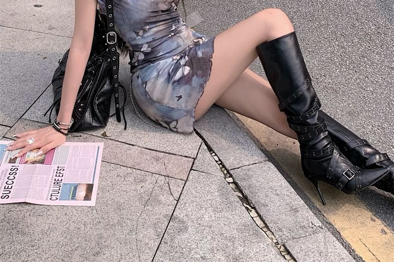 Print Cowl Butterfly Sleeveless A-Line Neck Mini Dress