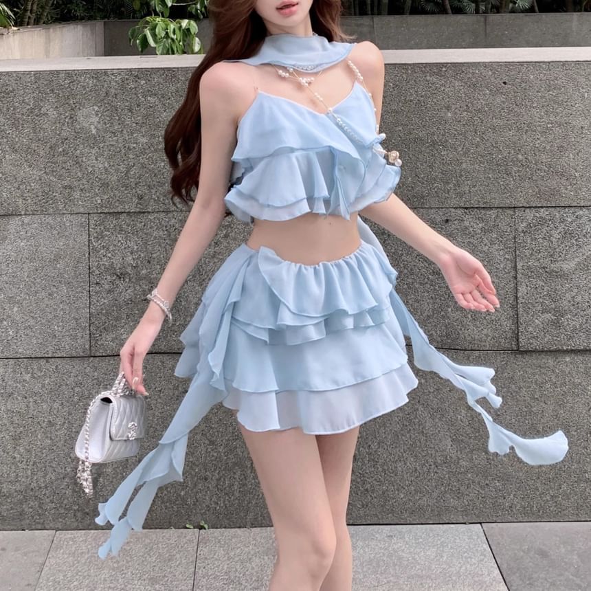 Skirt Tiered Mini Camisole / Ruffle Waist Plain Top High A-Line Crop