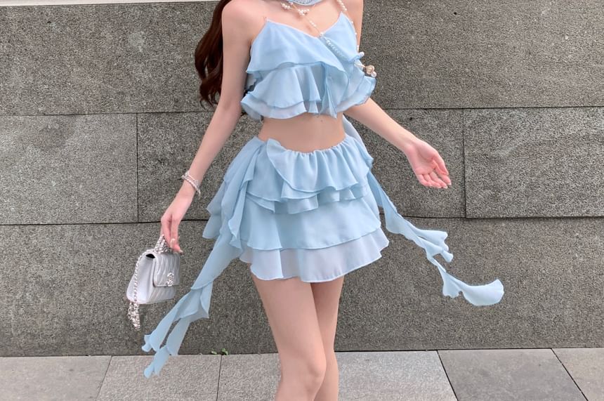 Skirt Tiered Mini Camisole / Ruffle Waist Plain Top High A-Line Crop