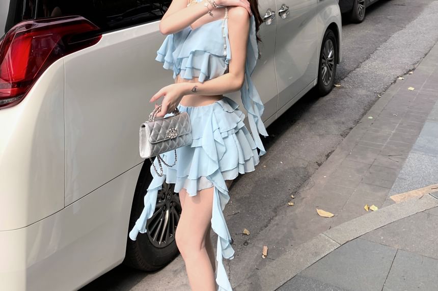 Skirt Tiered Mini Camisole / Ruffle Waist Plain Top High A-Line Crop