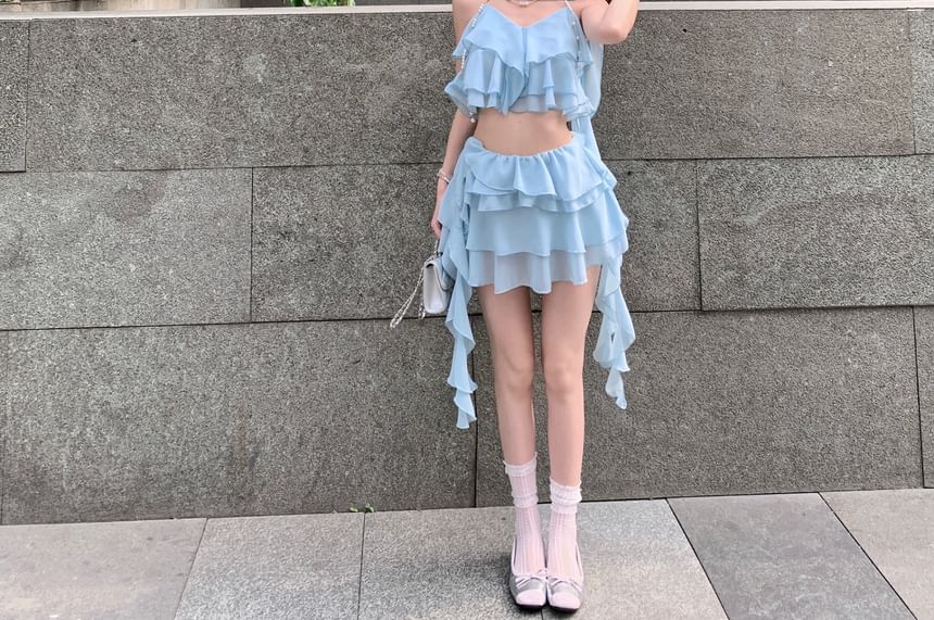 Skirt Tiered Mini Camisole / Ruffle Waist Plain Top High A-Line Crop