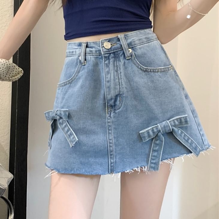Shorts Fray Mini Waist Denim Washed A-Line Bow High