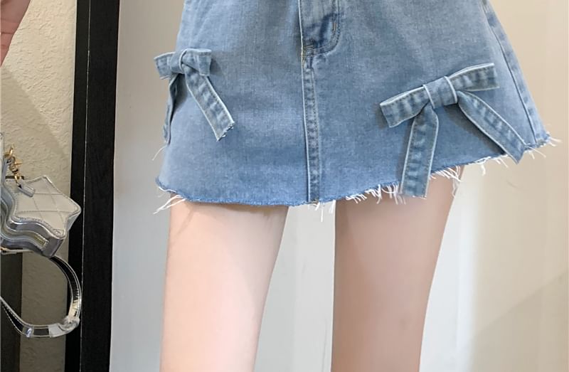 Shorts Fray Mini Waist Denim Washed A-Line Bow High