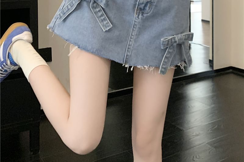Shorts Fray Mini Waist Denim Washed A-Line Bow High