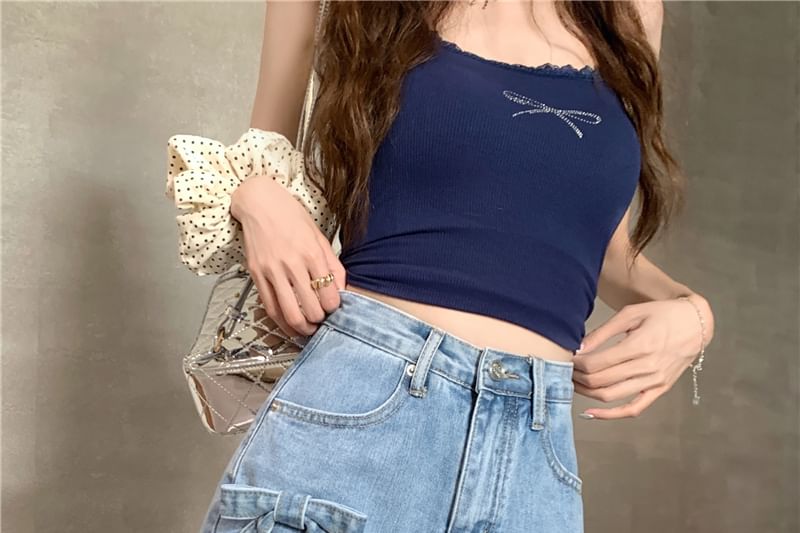 Shorts Fray Mini Waist Denim Washed A-Line Bow High