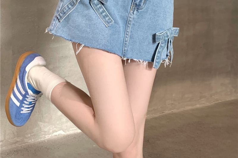 Shorts Fray Mini Waist Denim Washed A-Line Bow High