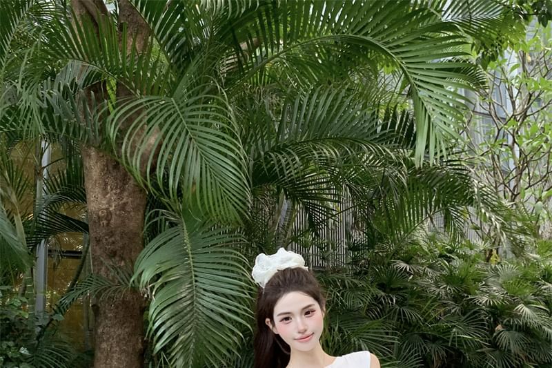 A-Line Mini Drawstring Skirt Plain / Top One Waist Sleeveless Shoulder Tie-Up