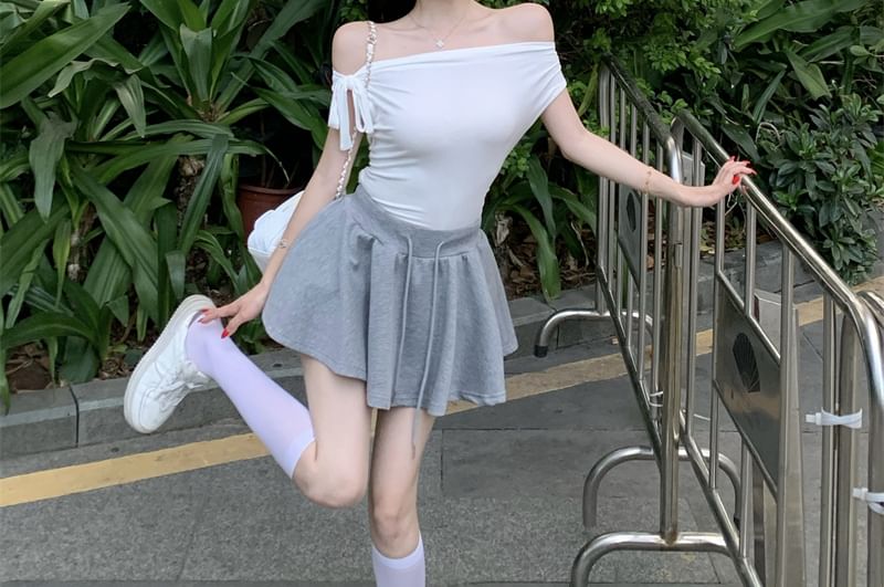 A-Line Mini Drawstring Skirt Plain / Top One Waist Sleeveless Shoulder Tie-Up