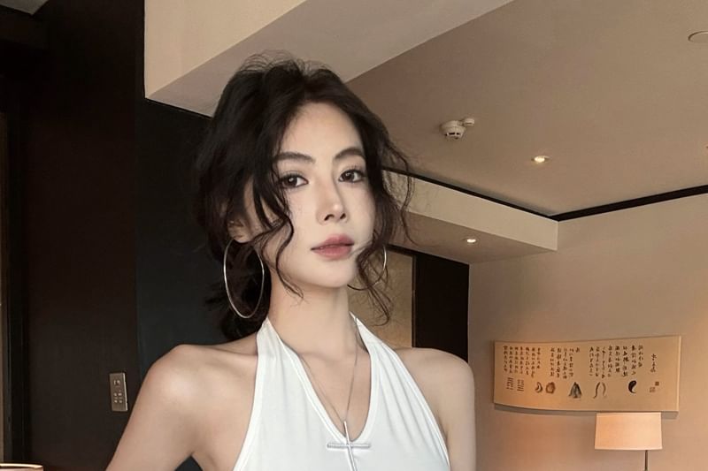 Plain Top Halter Asymmetrical Ruffle