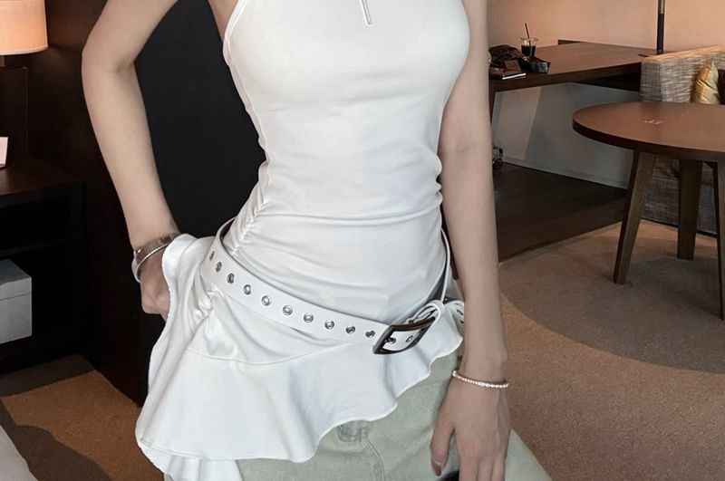 Plain Top Halter Asymmetrical Ruffle