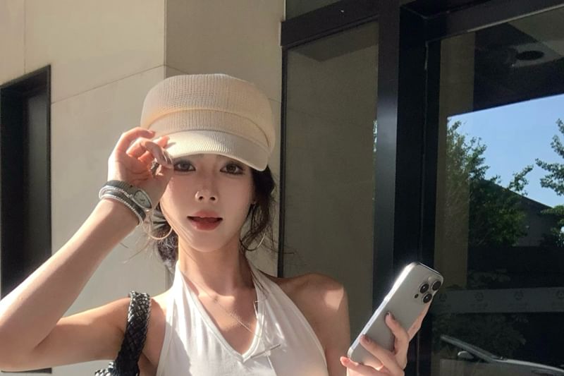 Plain Top Halter Asymmetrical Ruffle