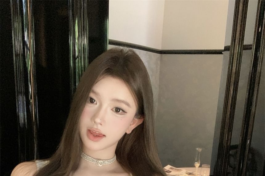 Button Tweed Crop + Sleeveless Faux Neck Set: Pearl Skirt Beaded Mini Scoop Pencil High Top Waist