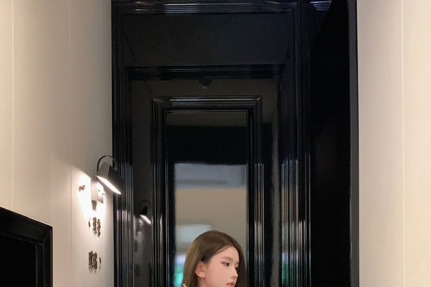 Button Tweed Crop + Sleeveless Faux Neck Set: Pearl Skirt Beaded Mini Scoop Pencil High Top Waist