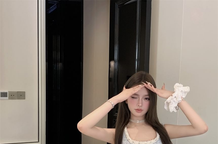 Button Tweed Crop + Sleeveless Faux Neck Set: Pearl Skirt Beaded Mini Scoop Pencil High Top Waist