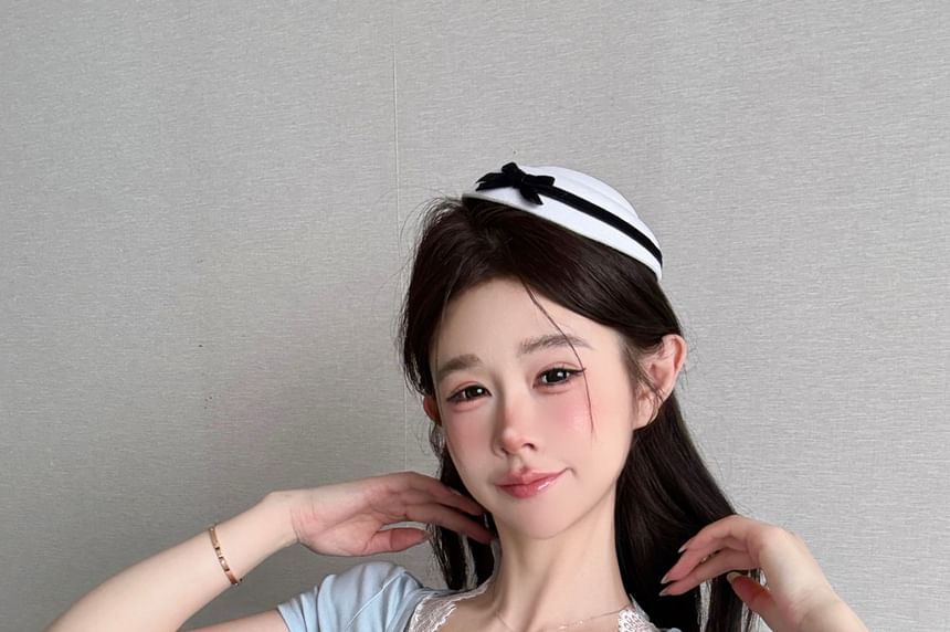 Bow Sleeve V-Neck Lace Panel Short Top