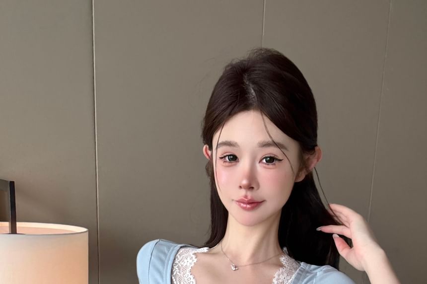 Bow Sleeve V-Neck Lace Panel Short Top