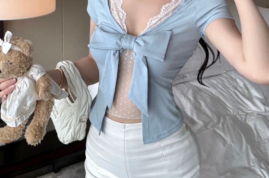 Bow Sleeve V-Neck Lace Panel Short Top