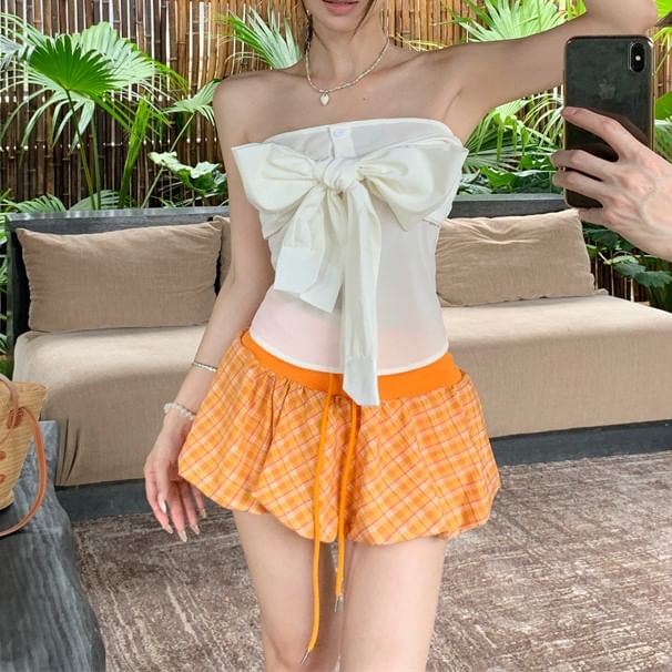 Tube Waist Plain Balloon Bow / Skirt Top Plaid A-Line Drawstring Mini