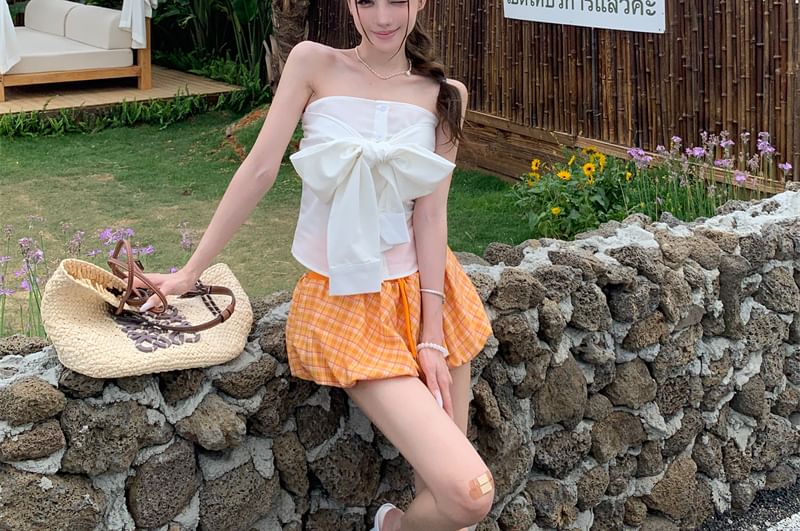 Tube Waist Plain Balloon Bow / Skirt Top Plaid A-Line Drawstring Mini