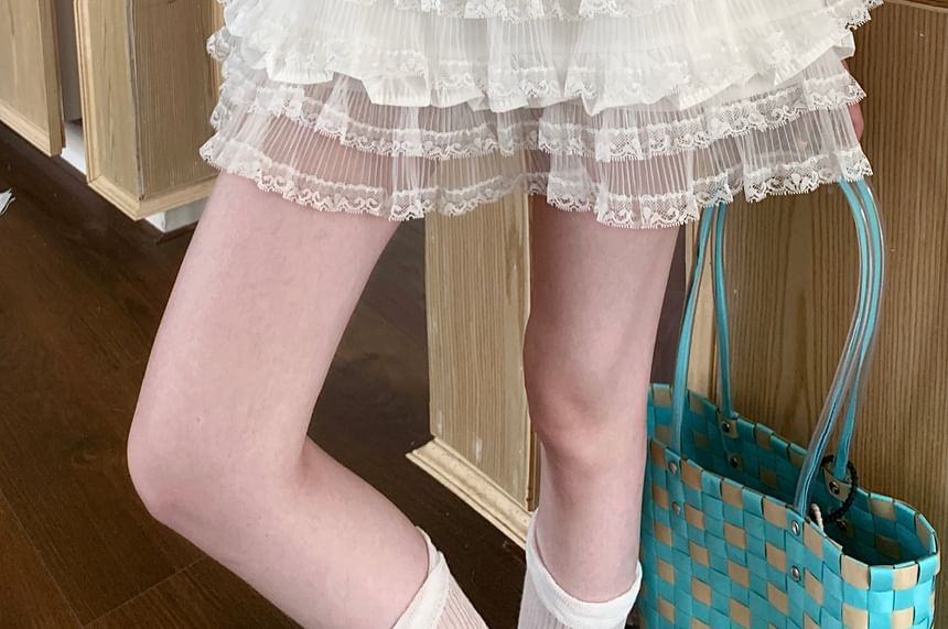 Panel Plain Mini Skirt Tiered Waist A-Line Lace High