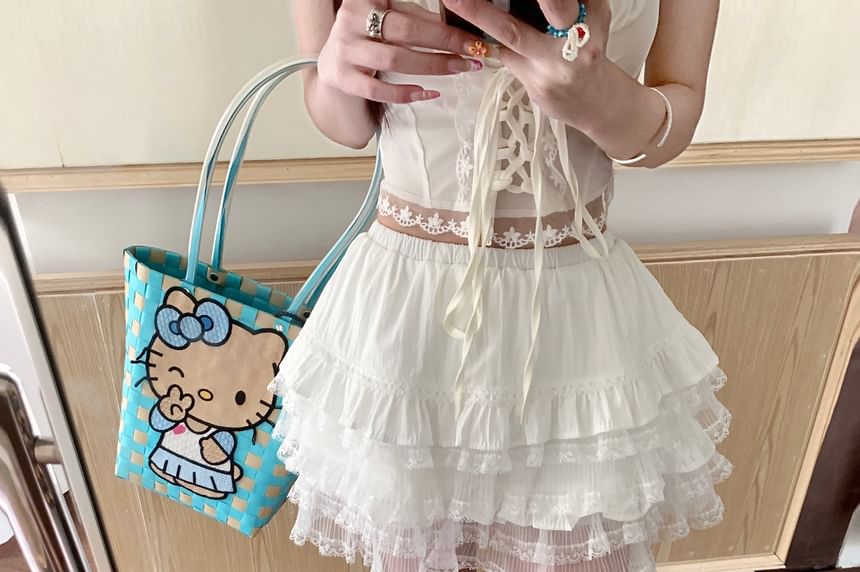 Panel Plain Mini Skirt Tiered Waist A-Line Lace High