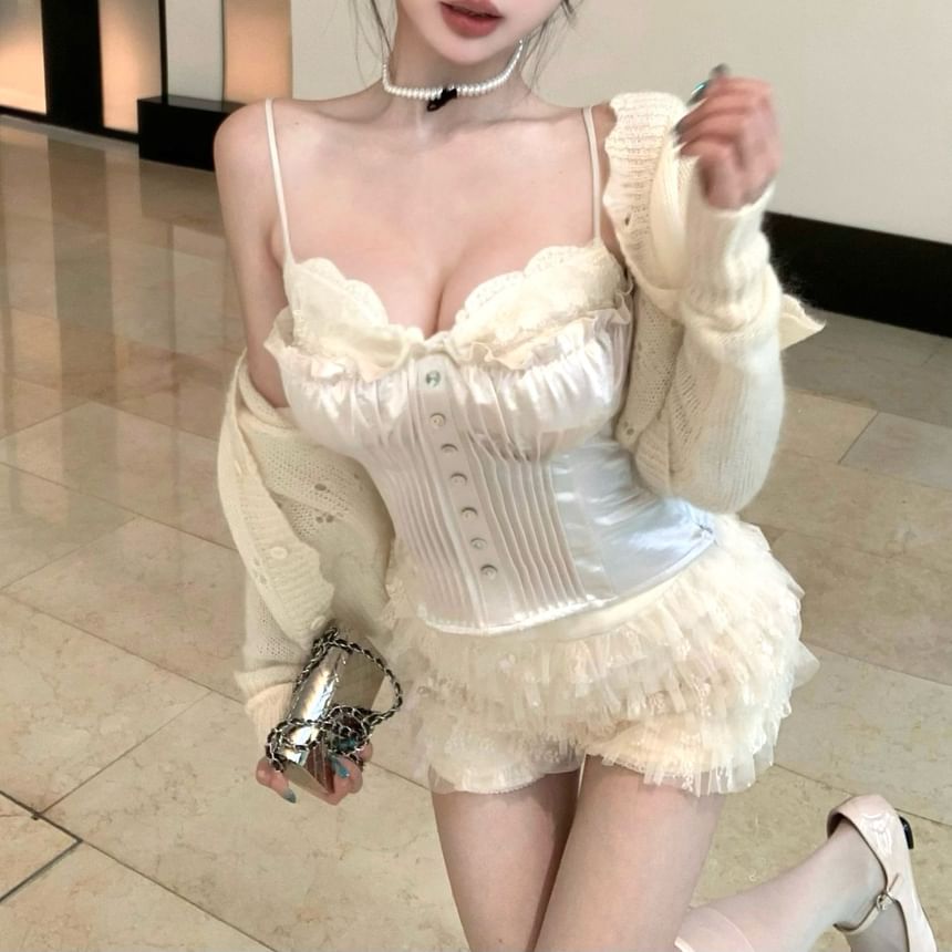 / V-Neck Waist Panel Camisole Mesh Tiered Lace Cardigan Shorts Button Top High Pointelle Satin Plain