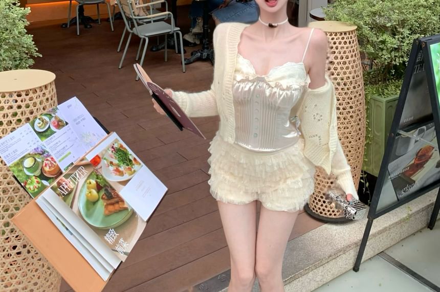 / V-Neck Waist Panel Camisole Mesh Tiered Lace Cardigan Shorts Button Top High Pointelle Satin Plain