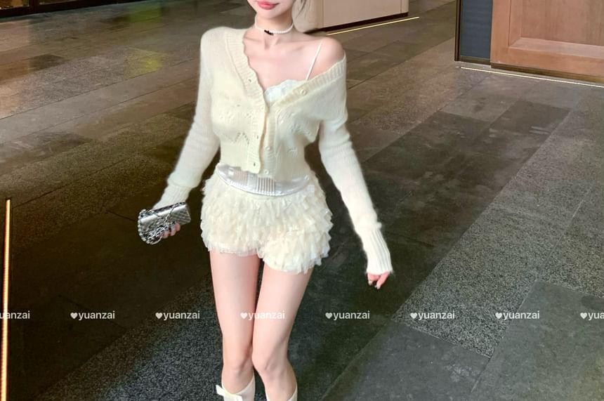 / V-Neck Waist Panel Camisole Mesh Tiered Lace Cardigan Shorts Button Top High Pointelle Satin Plain