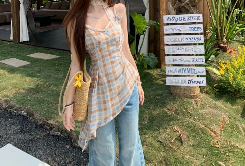 Top Asymmetrical Camisole Plaid