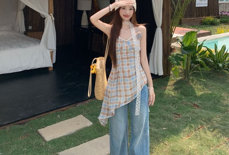 Top Asymmetrical Camisole Plaid