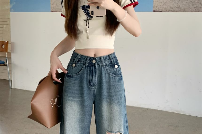 Washed Waist Jeans Mid Ripped Wide Leg