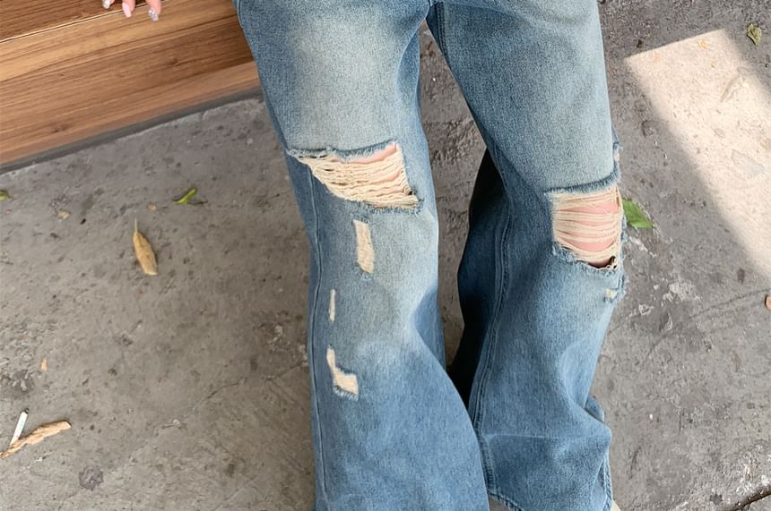 Washed Waist Jeans Mid Ripped Wide Leg