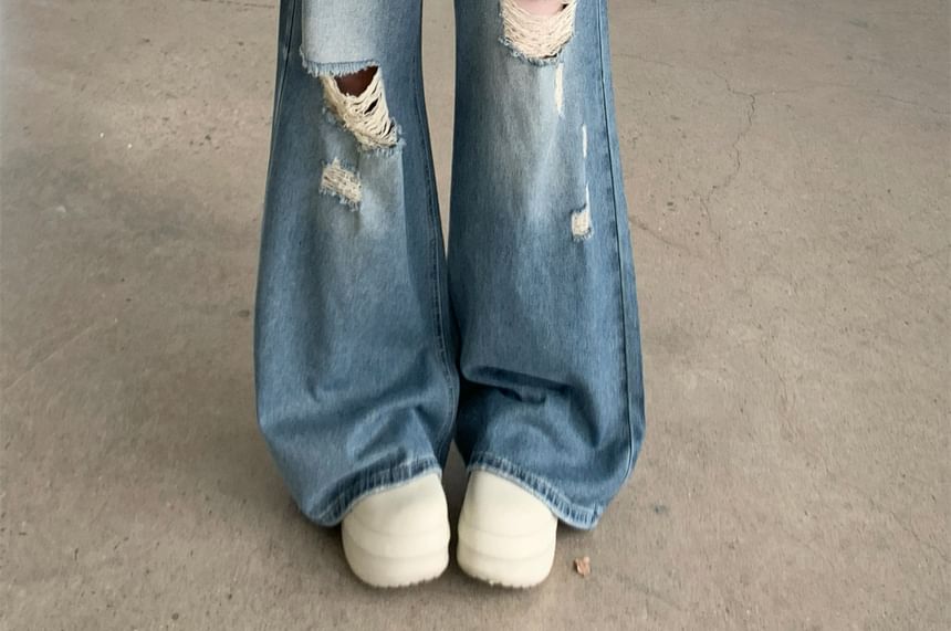 Washed Waist Jeans Mid Ripped Wide Leg