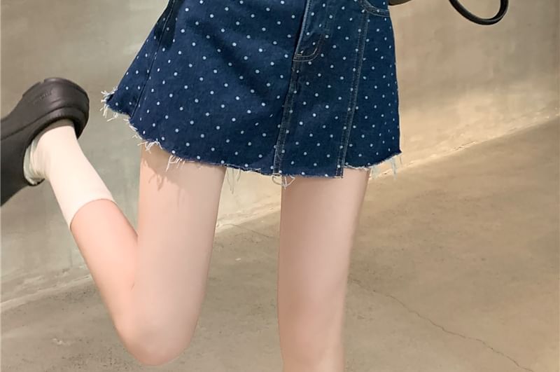 Fray Polka Skirt A-Line Dot Denim Mini Rise High