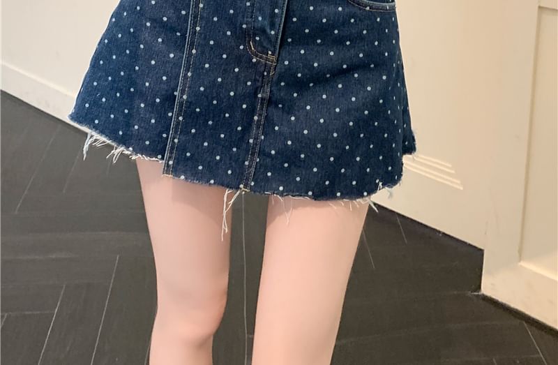 Fray Polka Skirt A-Line Dot Denim Mini Rise High
