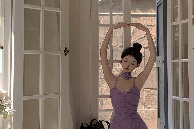 Spaghetti Mini Plain A-Line Dress Ruched Strap Ruffle