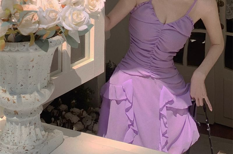 Spaghetti Mini Plain A-Line Dress Ruched Strap Ruffle