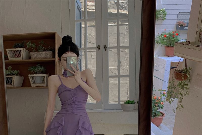 Spaghetti Mini Plain A-Line Dress Ruched Strap Ruffle