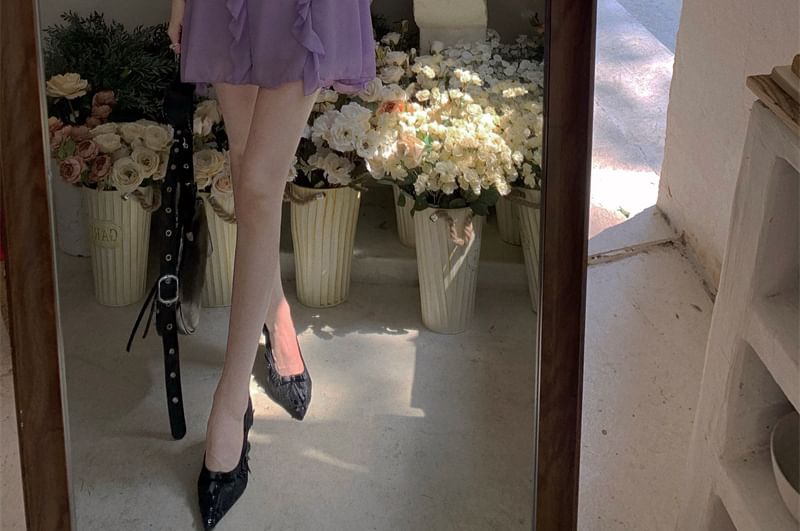 Spaghetti Mini Plain A-Line Dress Ruched Strap Ruffle