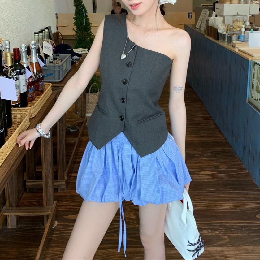 One Sleeveless Waist Drawstring Plain A-Line Skirt / Button Top Shoulder Balloon Mini