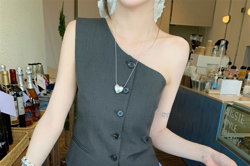 One Sleeveless Waist Drawstring Plain A-Line Skirt / Button Top Shoulder Balloon Mini