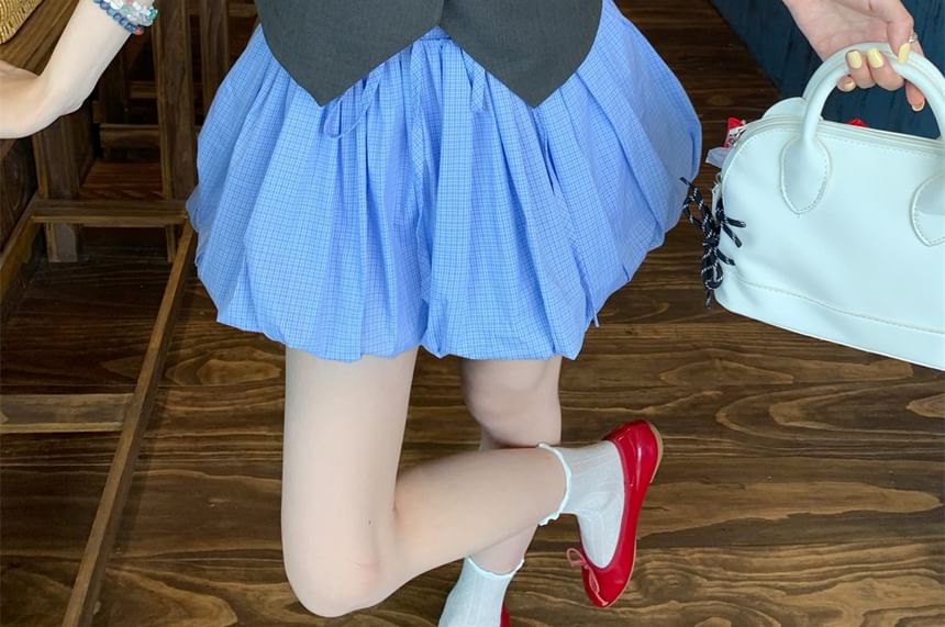 One Sleeveless Waist Drawstring Plain A-Line Skirt / Button Top Shoulder Balloon Mini