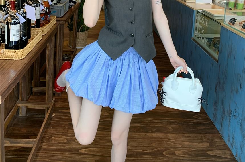 One Sleeveless Waist Drawstring Plain A-Line Skirt / Button Top Shoulder Balloon Mini
