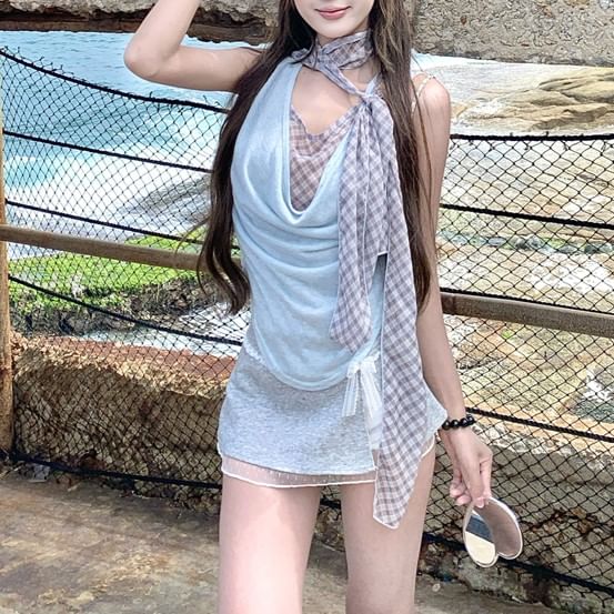 Cowl Neck Top Piece Sleeveless Mock Plaid Two