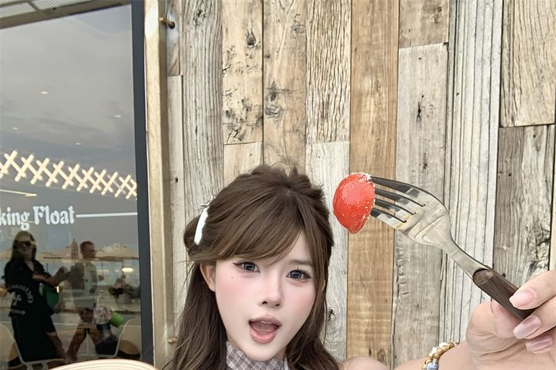 Cowl Neck Top Piece Sleeveless Mock Plaid Two