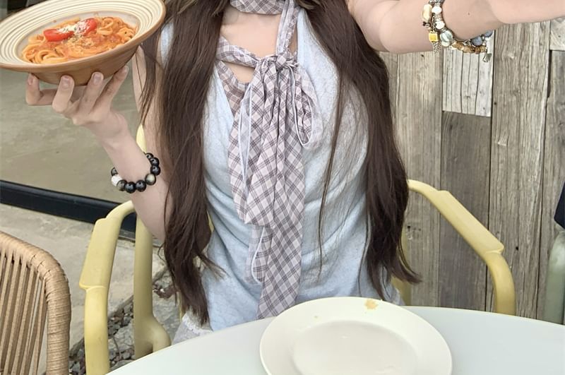 Cowl Neck Top Piece Sleeveless Mock Plaid Two