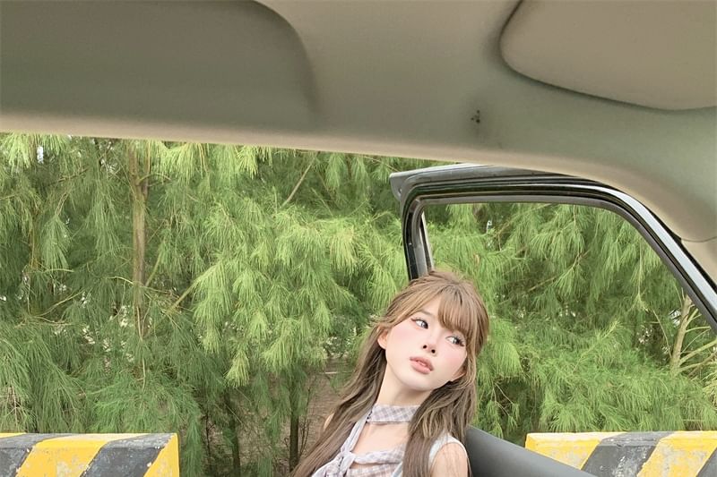 Cowl Neck Top Piece Sleeveless Mock Plaid Two