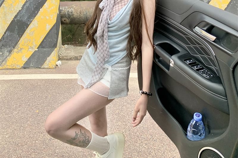 Cowl Neck Top Piece Sleeveless Mock Plaid Two