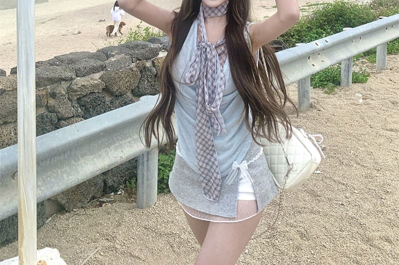 Cowl Neck Top Piece Sleeveless Mock Plaid Two