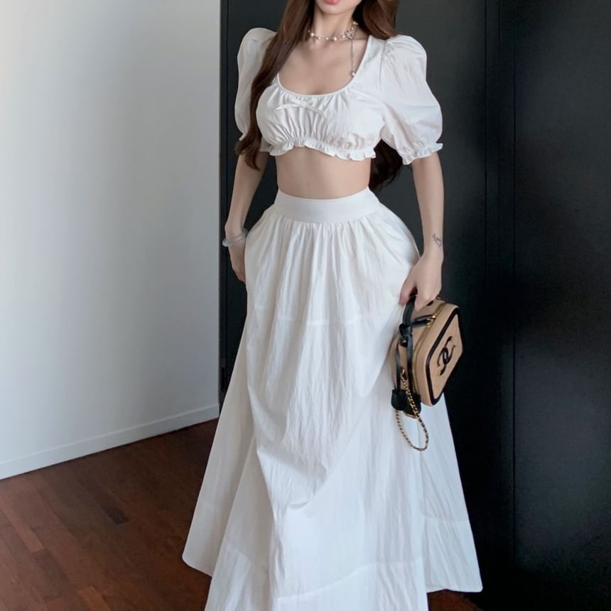 High / Rise Blouse Maxi Plain A-Line Neck Sleeveless Frill Skirt Crop Bow Scoop